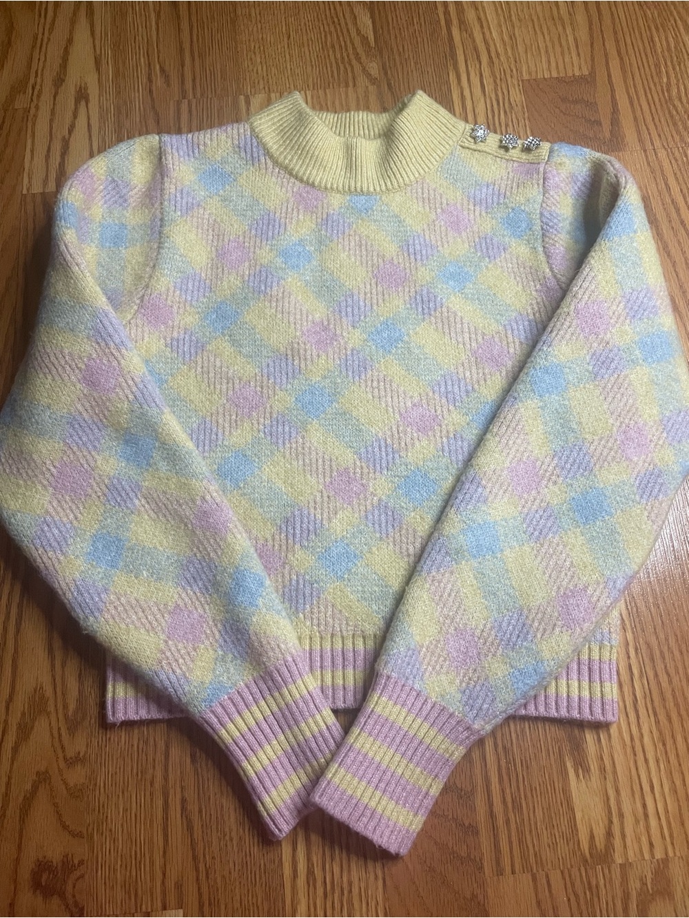 Zara Pastel Argyle Knit Sweater with Crystal Star Buttons – Size S